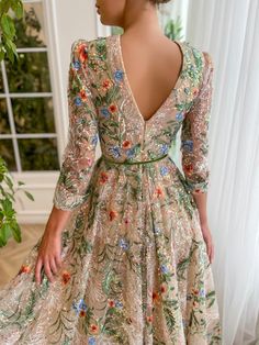 Whispering Forest Gown | Teuta Matoshi Teuta Matoshi Wedding Dress Long Sleeve, Bohemian Attire For Ladies, Lace Embroidered Floral Dress For Wedding, Lace Embroidered Dress With Floral Print For Wedding, Green Floral Embroidered Dress For Gala, Green Floral Embroidery Dress For Gala, Elegant Floral Print Embroidered Dress For Garden Party, Lace Dresses With Floral Print For Gala, Lace Gala Dresses With Floral Print