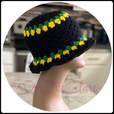 Black Crochet Bucket Hat For Beach, Black Brimmed Yarn Bucket Hat, Black Crochet Yarn Bucket Hat, Black Yarn Bucket Hat, Crochet Bucket Hat, One Size, Crochet Bucket Hat, Primary Colors, Bucket Hat, Caps Hats