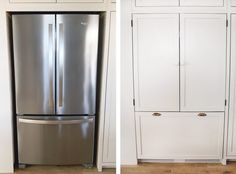 two pictures of refrigerators side by side in the same room, one is stainless steel and the other is white