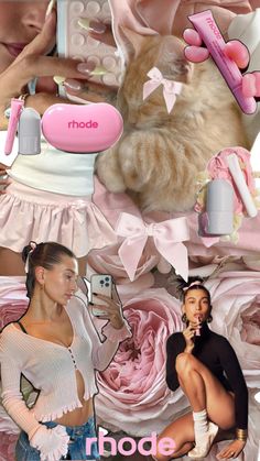 a collage of photos with two women and a cat in the middle one is holding a cell phone