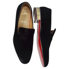 Brand new Christian Louboutin black velour loafers with the original box! Louboutin adds a fun twist to the classic black loafer with this stunning silver and gold gem motif on the heel. Perfect for anyone on the hunt for their new go-to pair of versatile dress shoes with an effortless flare! Make a statement and match the heel to your Cartier jewelry and Gucci belt, or dress these down with some Hermes trousers and a Versace shirt! In excellent brand new condition with no signs of wear, please Christian Louboutin Shoes Mens, Louboutin Shoes Mens, Louboutin Loafers, Christian Louboutin Loafers, Gold Dress Shoes, Christian Louboutin Men, Versace Shirt, Hermes Men, Cartier Jewelry