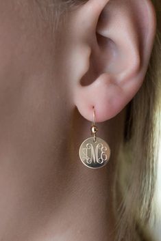 Monogrammed Earrings Gold Filled Dangle Style for Bridesmaids - Etsy Personalized Drop Earrings For Anniversary, Personalized Initials Jewelry Gift, Elegant Monogram Round Disc Jewelry, Elegant Monogrammed Round Disc Jewelry, Engraved Dangle Earrings For Anniversary, Personalized Sterling Silver Earrings As Gift, Elegant Personalized Sterling Silver Earrings, Elegant Sterling Silver Initial Earrings, Ornate Engraved Dangle Earrings For Anniversary