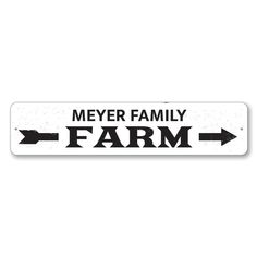 a sticker that says, meyer family farm with an arrow pointing to the right