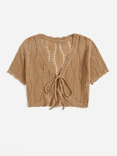 Khaki    Crochet   Embellished Slight Stretch  Women Beachwear Tie Front Top Pattern, Knitwear Summer, Sabina Socol, Knit Bolero, Knitwear Inspiration, Jeanne Damas, Concept Clothing, Cardigan Knit, Baby Blanket Pattern