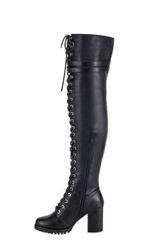 Women's Tall Knee-High Front Laced Double Buckle Motorcycle Boots Add a touch of edgy style to your wardrobe with our Women's Tall Knee-High Front Laced Double Buckle Motorcycle Boots. These sexy boots feature a front laced design and double buckle detail, making them a statement piece for any outfit. With their tall knee-high length, they also provide added protection and warmth. Thigh High Leather Heels For Fall, Leather Thigh High Heels For Fall, Fitted Synthetic Punk Boots, Fitted Punk Boots In Synthetic Material, Fitted Leather Lace-up Punk Boots, Edgy Fitted Synthetic Boots, Fall Synthetic Fitted Lace-up Boots, Edgy Knee-high Lace-up Boots, Fitted Edgy Synthetic Boots