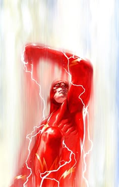 a painting of the flash standing in front of a white and red background with lightning coming out of his chest