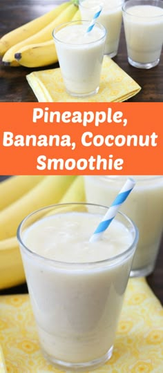 pineapple, banana, coconut smoothie in glasses with straws on the side