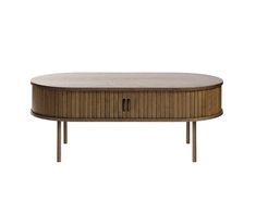 an oval coffee table with two wooden legs