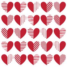 several hearts with different patterns and shapes on them, all arranged in the same pattern