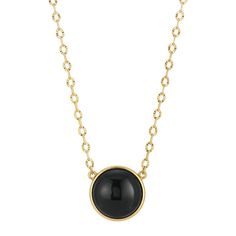 A deep black cabochon complements a polished gold chain with this adjustable necklace from 1928. A deep black cabochon complements a polished gold chain with this adjustable necklace from 1928. Metal: alloy 16 in. with 3-in. extender Plating: gold tone Finish: polished Pendant length: 1.1 in. Clasp: lobster claw Not appropriate for children 14 years old and younger. Size: One Size. Gender: female. Age Group: adult. Classic Round Black Enamel Necklaces, Classic Black Necklace With Round Pendant, Classic Black Necklaces With Round Pendant, Elegant Black Cabochon Necklace, Classic Black Round Pendant Necklace, Formal Black Enamel Round Pendant Necklace, Channel Jewelry, Whistle Necklace, Antique Locket