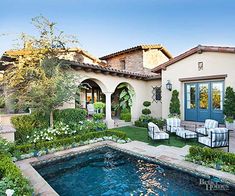 a house with a pool in the front yard