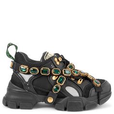 100% authentic Gucci Flashtrek sneakers in black leather, suede and technical fabric with rubber lug sole from the fall/winter 2018 collection runway. Sparkling green crystals are embroidered onto a removable elastic strap, wrapping around these sneakers. Inspired by the hiking world, this shoe line combines an oversize design with dream-like details. Have been worn and show soft wear to the trip and sole. Overall in very good condition. Measurements Imprinted Size 36 Shoe Size 36 Inside Sole 23 Tenis Gucci, Gucci Flashtrek, Designer Sneaker, Gucci Shoes Sneakers, Mens Hiking, Mens Hiking Boots, Gucci Sneakers, Gucci Fashion, Sports Sneakers