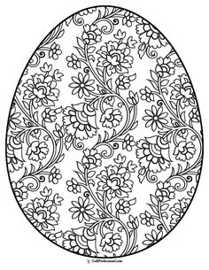 an easter egg decorated with flowers and leaves in black ink on a white paper background