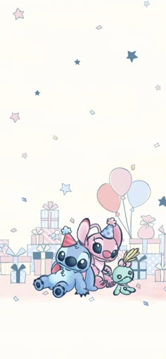 two cartoon characters holding balloons in front of a cityscape with stars and confetti