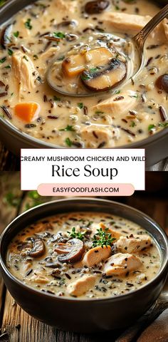 creamy mushroom chicken and wild rice soup in a bowl