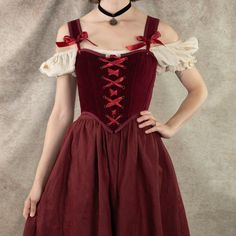 Our dark red velvet corset is the ultimate statement piece for those seeking a blend of luxurious elegance and historical charm. Perfect for renaissance faire costumes, Christmas parties, gothic or vampire outfits, or simply adding a bold, regal touch to your wardrobe, this corset is designed to flatter your silhouette while offering comfort and durability. Crafted from rich, 100% cotton deep red velvet, this corset features a classic lace-up front and back lacing for an adjustable fit, and synt Vampire Outfits, Velvet Corset Top, Yellow Corset, Deep Red Velvet, Dark Red Velvet, Linen Skirts, Wedding Corset, Corset Shop, Brown Corset