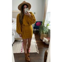 Slip Into This Super Comfortable Sweater Dress This Season To Stay Warm And Trendy! Pair With A Pair Of Booties And A Hat For The Ultimate Look. S (2-6) M (8-10) L (12-16) Belted Mini Dress For Brunch In Fall, Belted Mini Dress For Fall Brunch, Fall Brunch Mini Dress With Belt, Mustard Dress For Fall Brunch, Mustard Dresses For Fall Brunch, Dress Brown Boots, Yellow Sweater Dress, Beige Silk Dress, Roland Mouret Dress