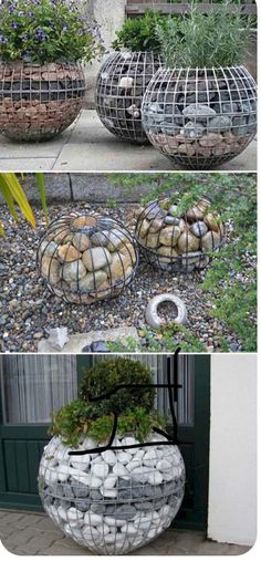 three different types of planters made out of rocks and wire, with plants growing in them