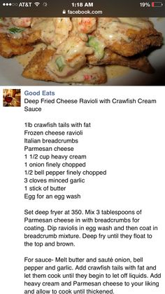 an app showing the recipe for deep fried cheese ravioli with crawfish cream sauce