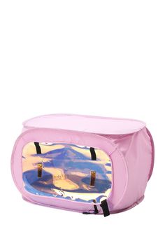 a pink toilet bag with mountains in the back and water on the inside, along with black straps