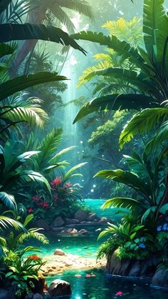 the jungle is full of tropical plants and water