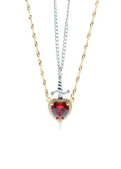 two necklaces with red and white stones in the shape of a heart on a chain