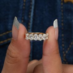 [A Women Showing Lab Diamond Wedding Band]-[Ouros jewels] Wedding Bands For Women Oval Ring, Oval Anniversary Band, Oval Pave Wedding Band, Wedding Band Eternity Ring, Wedding Stacks For Women, Oval Half Eternity Band, 7 Stone Wedding Band, Wedding Bands With Oval Ring, Oval Diamond Jewelry