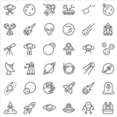 the space and astronomy related icons are shown in this set, including rockets, stars, planets