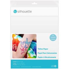 a package of temporary tattoos on the back of a white card with blue and pink butterflies