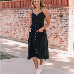 Sometimes You Just Need That Throw-On-And-Go Black Dress In Your Closet! This Linen-Blend Midi Dress Is Part Of Our Honey Bee Collection. It Has Front Buttons, Front Pockets, And Adjustable Spaghetti Straps. Style It With Cute Sandals For Summer And With A Cute Hat And Denim Jacket In Fall! Nwot *No Pockets On Solid Colored Dresses But There Are Pockets On All Other Dresses. Cute Sandals For Summer, Cute Sandals, Cute Hats, Black Button, Honey Bee, Linen Blend, My Fashion, Fashion Ideas, Spaghetti Strap