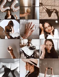 a collage of photos with woman in black and white clothing holding up her hand