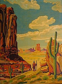 a painting of a desert scene with cactus trees