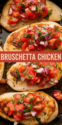 three different types of bread with tomatoes and onions on them in a skillet that has the words bruschetta chicken over it