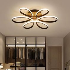 a modern style bedroom with closets and clothes on hangers in the room,