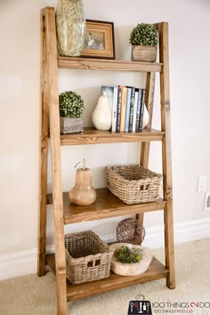 a wooden shelf with baskets and books on it