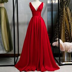 V Neck Red Satin Long Pageant Dress Evening V-neck Prom Dress With Sweep Train, Formal V-neck Satin Gown, Formal Satin V-neck Gown, Red V-neck Evening Dress For Banquet, V-neck Satin Gown For Prom, Satin V-neck Gown For Prom, Pleated Back Dress For Prom Season, Pleated Back Maxi Dress For Prom, Formal Pleated Back Evening Dress For Prom