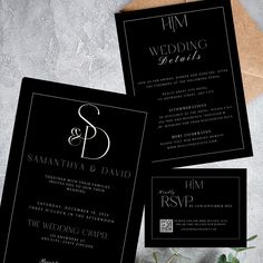 black and white wedding stationery with silver lettering