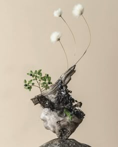 a piece of art with plants growing out of it's head and on top of a rock