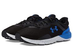 Under Armour Charged Escape 4 - Men's Shoes : Black/Black/Versa Blue : Look sporty and stay comfortable wearing the Under Armour Charged Escape 4 Shoes. Textile and synthetic upper. Textile lining and insole. Traditional lace-up closure. Round toe silhouette. Molded comfort collar and external heel counter for additional support. TPU midsole shank for added stability support. Synthetic outsole. Imported. Measurements: Weight: 10 oz Product measurements were taken using size 9, width D - Medium. Dynamic Synthetic Lace-up Trail Running Shoes, Black Trail Running Shoes For Light Sports, Sporty Running Shoes With Ortholite Insole For Jogging, Functional Running Shoes With Elastic Laces, Dynamic Synthetic Lace-up Walking Shoes, Ortholite Insole Lace-up Running Shoes, Sporty Trail Running Shoes With Elastic Laces, Lace-up Running Shoes With Ortholite Insole For Jogging, Low-top Synthetic Trail Running Shoes With Laces