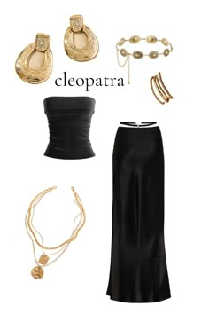 a black skirt, gold accessories and necklaces