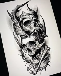 a drawing of a skull with horns and bones