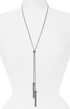 Sterling silver. Pavé diamonds, 0.03 total carat weight. Tension clasp, adjustable length. Necklace, 34" longest length. Imported. Style Name:David Yurman Renaissance Tassel Necklace With Diamonds In Silver. Style Number: 1171525. Elegant Gunmetal Sterling Silver Necklace, Luxury Sterling Silver Lariat Jewelry, Elegant Sterling Silver Jewelry In Gunmetal, Luxury Adjustable Long Lariat Necklace, Silver Diamond Lariat Necklace With Adjustable Chain, Adjustable Diamond Lariat Jewelry, Adjustable Lariat Diamond Jewelry, Adjustable Long Drop Fine Jewelry, Modern Long Drop Box Chain Jewelry