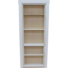 a white bookcase with three shelves on each side