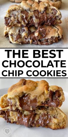 the best chocolate chip cookies are stacked on top of each other