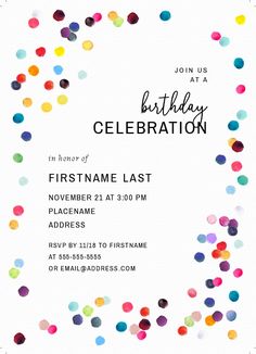 a birthday party card with colorful confetti on the front and white back ground