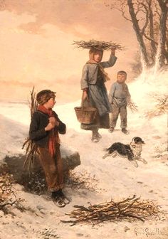 a painting of people walking in the snow with baskets on their heads and two dogs nearby