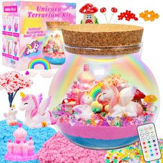 the unicorn terrarium kit is filled with toys