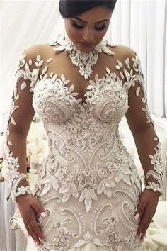 Modern Long Sleeves High Neck Lace Wedding Dress Bridal Gown-Ballbella High Neck Lace Wedding Dress, Wedding Dress Necklace, Crystal Wedding Dresses, Wedding Dress Black, Long Sleeve Bridal Gown, Long Sleeve Wedding Gowns, Wedding Gowns With Sleeves, Bridal Gowns Mermaid, Mermaid Wedding Dresses