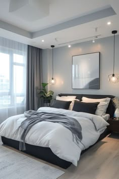 Bedroom Inspiration Men, Bedroom Inspirations Grey Bed, Modern Bedroom For Men, Modern Men’s Bedroom, Couple Rooms, Bedroom Storage Ideas, Black Bedroom Decor, Grey Bedroom Decor, Unique Bedroom