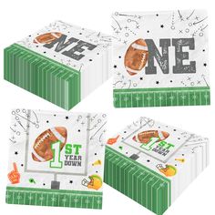 three football themed napkins with the number one and two different designs on each side